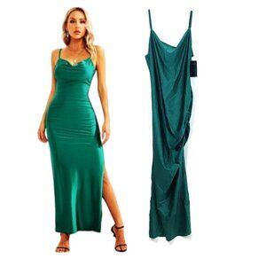 Satin Slip Dress Spaghetti Straps Ankle Length Emerald Green M, Aigeman